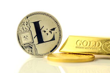 Litecoin, yeni sanal para fiziksel sürümü. Cryptocurrency ve altın yatırımcılar için kavramsal görüntü.