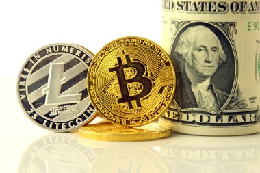 Fiziksel yorum-in Bitcoin ve Litecoin, yeni sanal para. Cryptocurrency, altın ve dolar yatırımcılar için kavramsal görüntü.