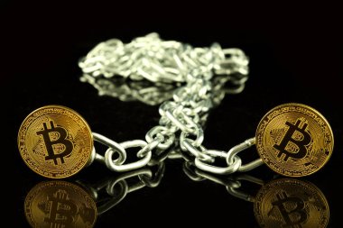 Bitcoin (sanal para) ve zincir fiziksel sürümü. Blockchain teknoloji ve sabit çatal için kavramsal görüntü (terim bir durum için ne zaman bir blockchain iki ayrı zincirleri içine böler).