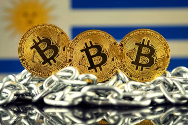 Bitcoin (sanal para), zincir ve Uruguay bayrağı fiziksel sürümü. Uruguay Blockchain teknoloji ve cryptocurrency yatırımcılar kavramsal görüntü.