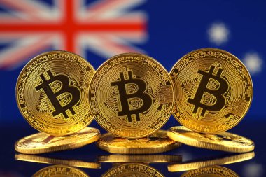 Bitcoin (sanal para) ve Avustralya bayrağı fiziksel sürümü. Avustralya Blockchain teknoloji ve cryptocurrency yatırımcılar kavramsal görüntü.