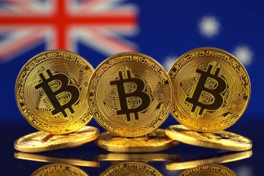 Bitcoin (sanal para) ve Avustralya bayrağı fiziksel sürümü. Avustralya Blockchain teknoloji ve cryptocurrency yatırımcılar kavramsal görüntü.