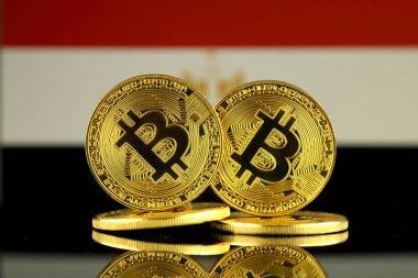 Bitcoin ve Mısır bayrağı fiziksel sürümü. Yakın çekim.
