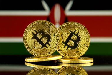 Bitcoin ve Kenya bayrak fiziksel sürümü. Yakın çekim.