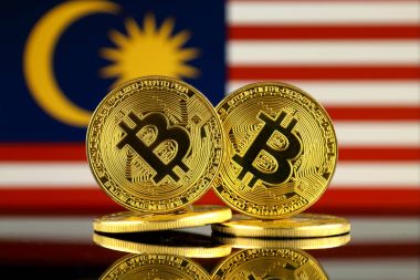 Bitcoin ve Malezya bayrağı fiziksel sürümü. Yakın çekim.