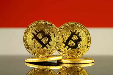 Bitcoin ve Monaco bayrağı fiziksel sürümü. Yakın çekim.