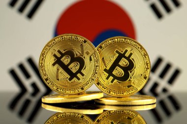 Bitcoin ve Güney Kore bayrağı fiziksel sürümü. Yakın çekim.