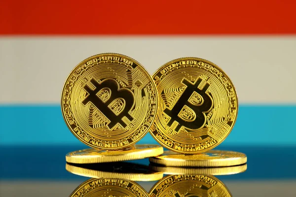 Fysieke Versie Van Bitcoin Luxemburg Vlag Close — Stockfoto
