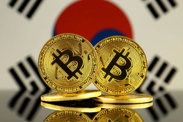 Version Physique Bitcoin Drapeau Corée Sud Gros Plan — Photo