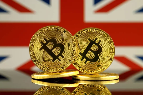 Versión Física Bitcoin United Kingdom Flag Cerca — Foto de Stock