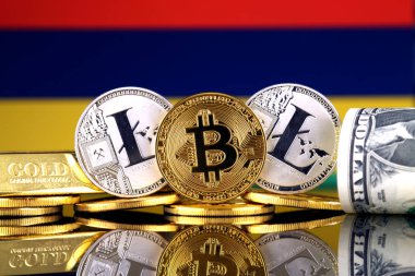 Bitcoin, Litecoin, altın, bize dolar ve Mauritius bayrak fiziksel sürümü. Cryptocurrency, altın ve dolar yatırımcılar için kavramsal görüntü.
