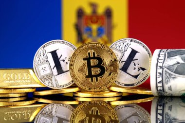 Bitcoin, Litecoin, altın, bize dolar ve Moldova bayrağı fiziksel sürümü. Cryptocurrency, altın ve dolar yatırımcılar için kavramsal görüntü.