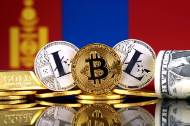 Bitcoin, Litecoin, altın, bize dolar ve Moğolistan bayrağı fiziksel sürümü. Cryptocurrency, altın ve dolar yatırımcılar için kavramsal görüntü.