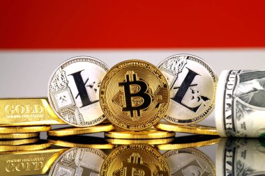 Bitcoin, Litecoin, altın, bize dolar ve Monaco bayrağı fiziksel sürümü. Cryptocurrency, altın ve dolar yatırımcılar için kavramsal görüntü.