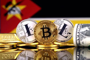 Bitcoin, Litecoin, altın, bize dolar ve Mozambik bayrak fiziksel sürümü. Cryptocurrency, altın ve dolar yatırımcılar için kavramsal görüntü.