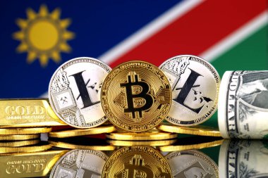 Bitcoin, Litecoin, altın, bize dolar ve Namibya bayrak fiziksel sürümü. Cryptocurrency, altın ve dolar yatırımcılar için kavramsal görüntü.