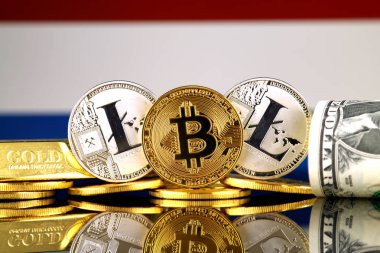 Bitcoin, Litecoin, altın, bize dolar ve Hollanda bayrağı fiziksel sürümü. Cryptocurrency, altın ve dolar yatırımcılar için kavramsal görüntü.