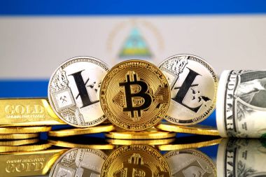 Bitcoin, Litecoin, altın, bize dolar ve Nikaragua bayrağı fiziksel sürümü. Cryptocurrency, altın ve dolar yatırımcılar için kavramsal görüntü.