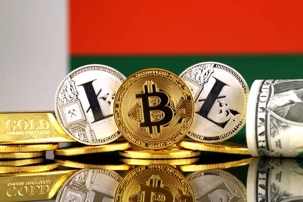 Versión Física Bitcoin Litecoin Oro Dólar Estadounidense Bandera Madagascar Imagen — Foto de Stock