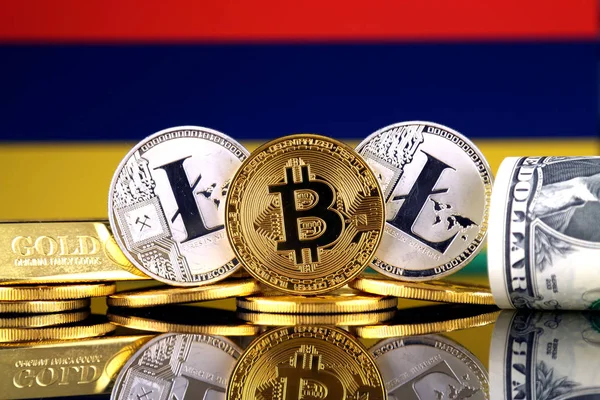 Versión Física Bitcoin Litecoin Oro Dólar Estadounidense Bandera Mauricio Imagen — Foto de Stock