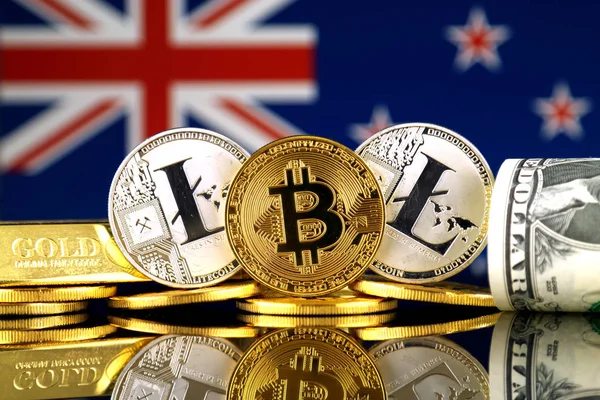 Versión Física Bitcoin Litecoin Oro Dólar Estadounidense Bandera Nueva Zelanda — Foto de Stock