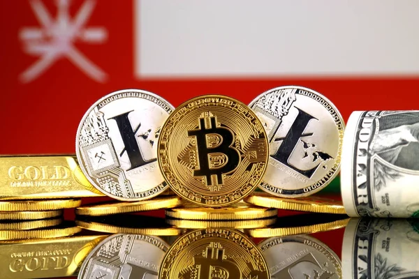 Versión Física Bitcoin Litecoin Oro Dólar Estadounidense Bandera Omán Imagen — Foto de Stock