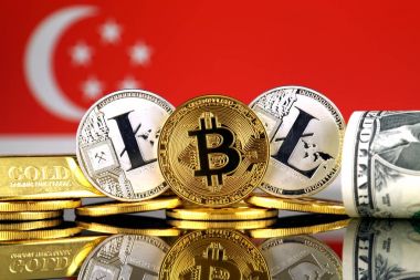 Bitcoin, Litecoin, altın, bize dolar ve Singapur bayrağı fiziksel sürümü. Cryptocurrency, altın ve dolar yatırımcılar için kavramsal görüntü.