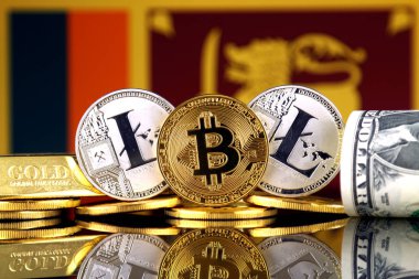 Bitcoin, Litecoin, altın, bize dolar ve Sri Lanka bayrağı fiziksel sürümü. Cryptocurrency, altın ve dolar yatırımcılar için kavramsal görüntü.