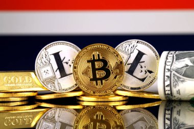 Bitcoin, Litecoin, altın, bize dolar ve Tayland bayrağı fiziksel sürümü. Cryptocurrency, altın ve dolar yatırımcılar için kavramsal görüntü.