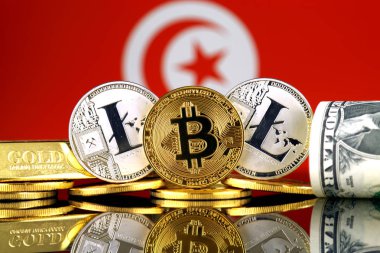 Bitcoin, Litecoin, altın, bize dolar ve Tunus bayrağı fiziksel sürümü. Cryptocurrency, altın ve dolar yatırımcılar için kavramsal görüntü.