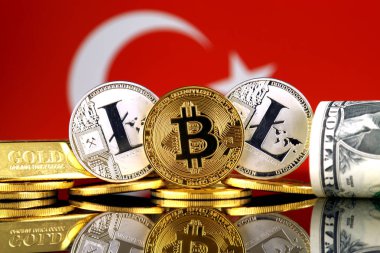 Bitcoin, Litecoin, altın, bize dolar ve Türkiye bayrak fiziksel sürümü. Cryptocurrency, altın ve dolar yatırımcılar için kavramsal görüntü.