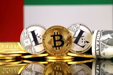 Bitcoin, Litecoin, altın, bize dolar ve Birleşik Arap Emirlikleri bayrağı fiziksel sürümü. Cryptocurrency, altın ve dolar yatırımcılar için kavramsal görüntü.