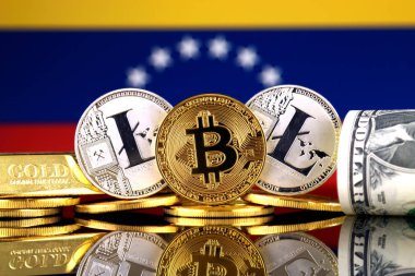Bitcoin, Litecoin, altın, bize dolar ve Venezuela bayrak fiziksel sürümü. Cryptocurrency, altın ve dolar yatırımcılar için kavramsal görüntü.