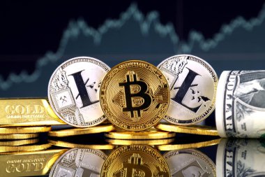 Fiziksel yorum-in Bitcoin ve Litecoin, altın, bize dolar. Cryptocurrency, altın ve dolar yatırımcılar için kavramsal görüntü.