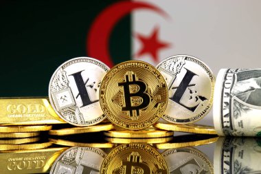 Bitcoin, Litecoin, altın, bize dolar ve Cezayir bayrağı fiziksel sürümü. Cryptocurrency, altın ve dolar yatırımcılar için kavramsal görüntü.