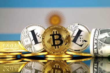 Bitcoin, Litecoin, altın, bize dolar ve Arjantin bayrağı fiziksel sürümü. Cryptocurrency, altın ve dolar yatırımcılar için kavramsal görüntü.
