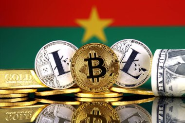 Bitcoin, Litecoin, altın, bize dolar ve Burkina Faso bayrak fiziksel sürümü. Cryptocurrency, altın ve dolar yatırımcılar için kavramsal görüntü.