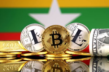 Bitcoin, Litecoin, altın, bize dolar ve Myanmar bayrağı fiziksel sürümü. Cryptocurrency, altın ve dolar yatırımcılar için kavramsal görüntü.