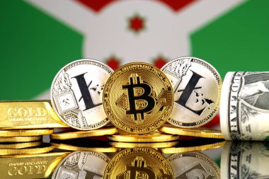 Bitcoin, Litecoin, altın, bize dolar ve Burundi bayrağı fiziksel sürümü. Cryptocurrency, altın ve dolar yatırımcılar için kavramsal görüntü.