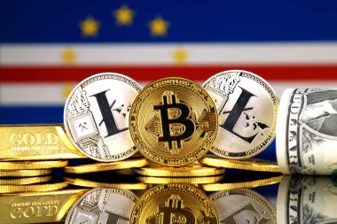 Bitcoin, Litecoin, altın, bize dolar ve Cape Verde bayrak fiziksel sürümü. Cryptocurrency, altın ve dolar yatırımcılar için kavramsal görüntü.