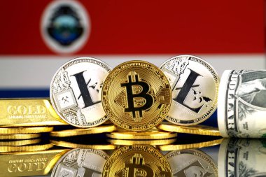 Bitcoin, Litecoin, altın, bize dolar ve Kosta Rika bayrak fiziksel sürümü. Cryptocurrency, altın ve dolar yatırımcılar için kavramsal görüntü.
