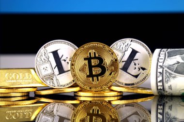 Bitcoin, Litecoin, altın, bize dolar ve Estonya bayrağı fiziksel sürümü. Cryptocurrency, altın ve dolar yatırımcılar için kavramsal görüntü.