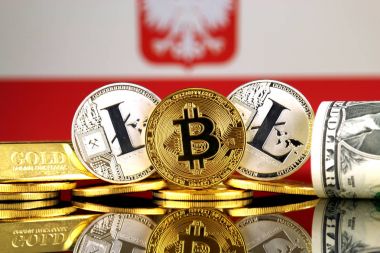 Bitcoin, Litecoin, altın, bize dolar ve Polonya bayrağı fiziksel sürümü. Cryptocurrency, altın ve dolar yatırımcılar için kavramsal görüntü.