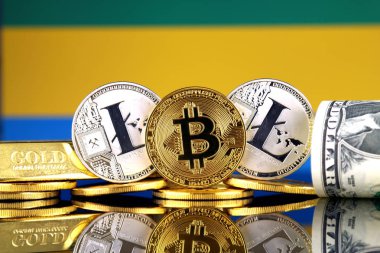 Bitcoin, Litecoin, altın, bize dolar ve Gabon bayrak fiziksel sürümü. Cryptocurrency, altın ve dolar yatırımcılar için kavramsal görüntü.