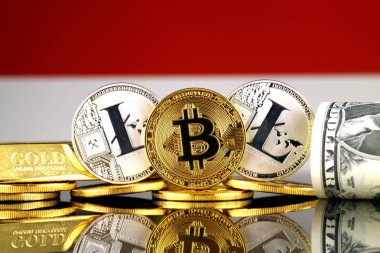 Bitcoin, Litecoin, altın, bize dolar ve Endonezya bayrağı fiziksel sürümü. Cryptocurrency, altın ve dolar yatırımcılar için kavramsal görüntü.