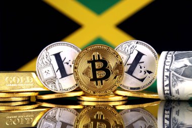 Bitcoin, Litecoin, altın, bize dolar ve Jamaika bayrağını fiziksel sürümü. Cryptocurrency, altın ve dolar yatırımcılar için kavramsal görüntü.