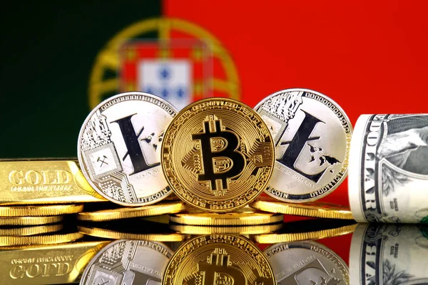 Versión Física Bitcoin Litecoin Oro Dólar Estadounidense Bandera Portugal Imagen — Foto de Stock