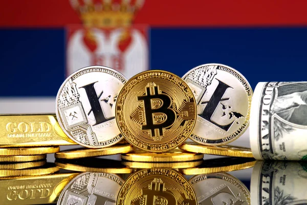 Versión Física Bitcoin Litecoin Oro Dólar Estadounidense Bandera Serbia Imagen — Foto de Stock