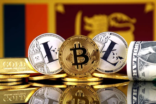 Bitcoin, Litecoin, altın, bize dolar ve Sri Lanka bayrağı fiziksel sürümü. Cryptocurrency, altın ve dolar yatırımcılar için kavramsal görüntü.