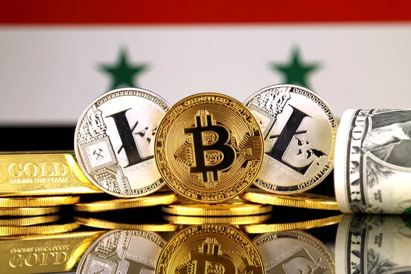 Physical Version Bitcoin Litecoin Gold Dollar Syria Flag Conceptual Image — Stock Photo, Image